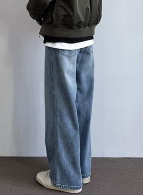 ONUN 2025新款水洗复古半松紧腰牛仔裤宽松直筒百搭垂感休闲长裤