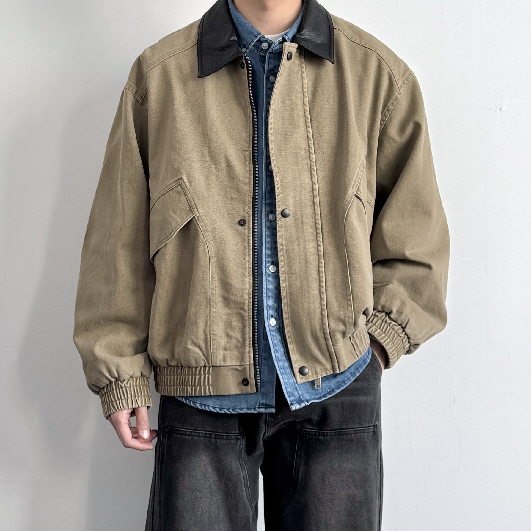 ONUN复古皮质翻领工装夹克春季新款百搭日系宽松休闲酵洗棉质外套