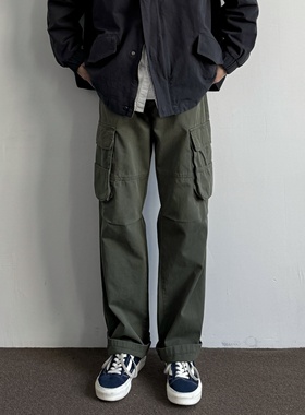ONUN美式复古多口袋直筒工装裤宽松水洗碳素磨毛抽绳松紧腰休闲裤