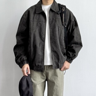 男生美式 ONUN 新款 夹克春季 宽松翻领教练外套潮 水洗做旧棉质工装