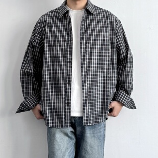 百搭宽松休闲纯棉藏青色翻领衬衣外套 长袖 ONUN 日系复古格纹衬衫