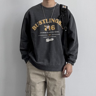 宽松休闲印花套头衫 复古水洗做旧棉质毛圈圆领卫衣秋季 美式 ONUN