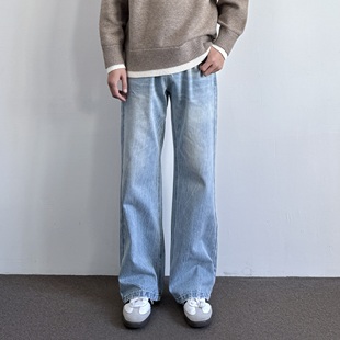 ONUN复古闪电裂纹水洗蓝直筒牛仔裤 百搭微喇cleanfit显高休闲长裤