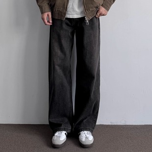 潮 宽松阔腿松弛感休闲长裤 ONUN美式 复古砂洗黑灰色做旧直筒牛仔裤