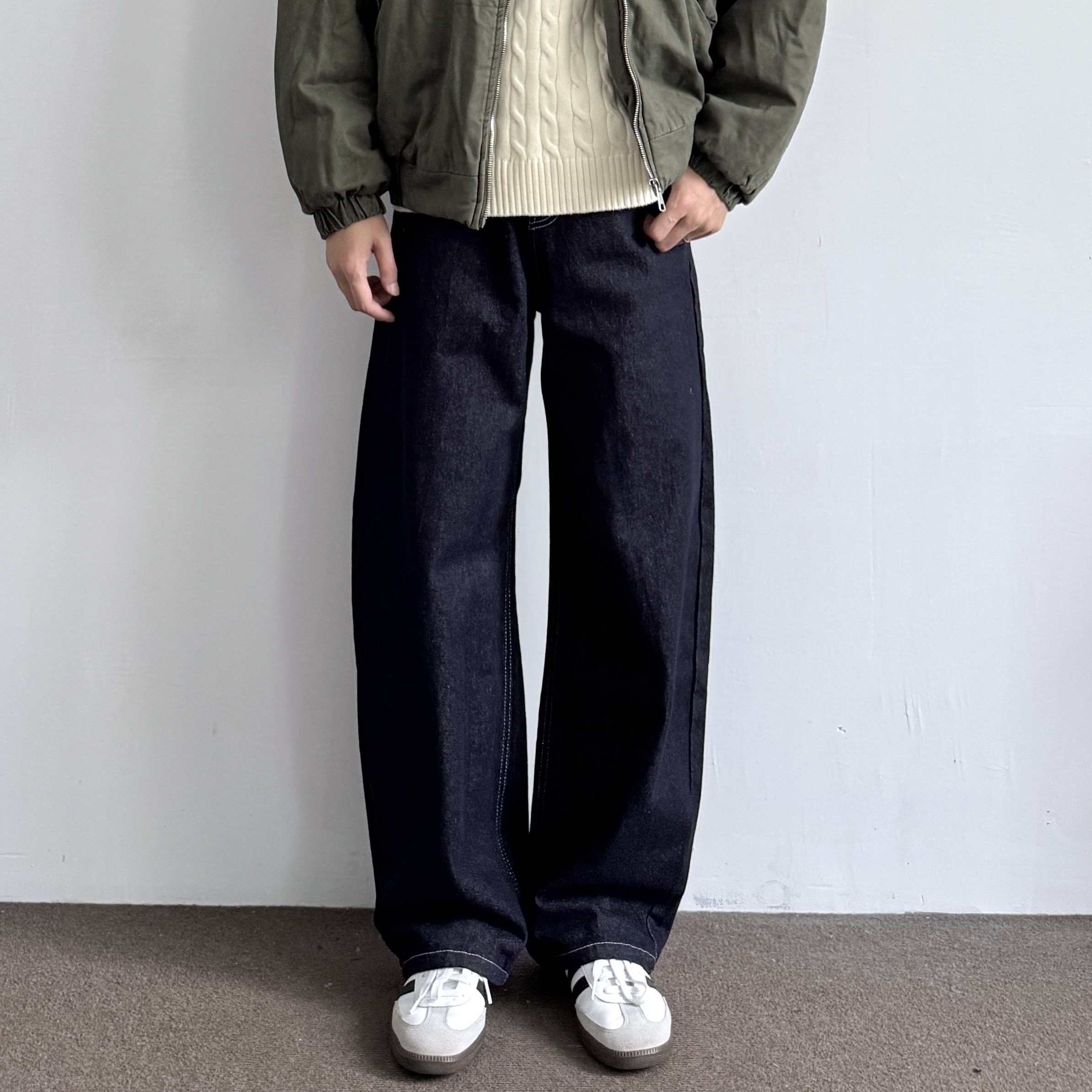 美式复古深蓝色阔腿弯刀牛仔裤