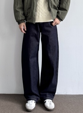 ONUN美式复古水洗深蓝色阔腿弯刀牛仔裤百搭男生宽松直筒休闲长裤