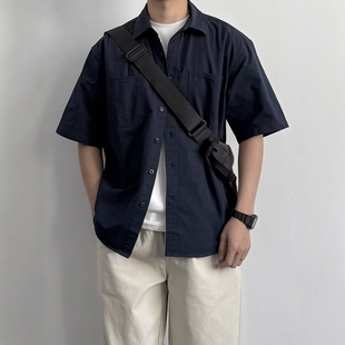 短袖 宽松休闲夏季 衬衫 夏季 藏青色衬衣 2025新款 ONUN复古双口袋工装