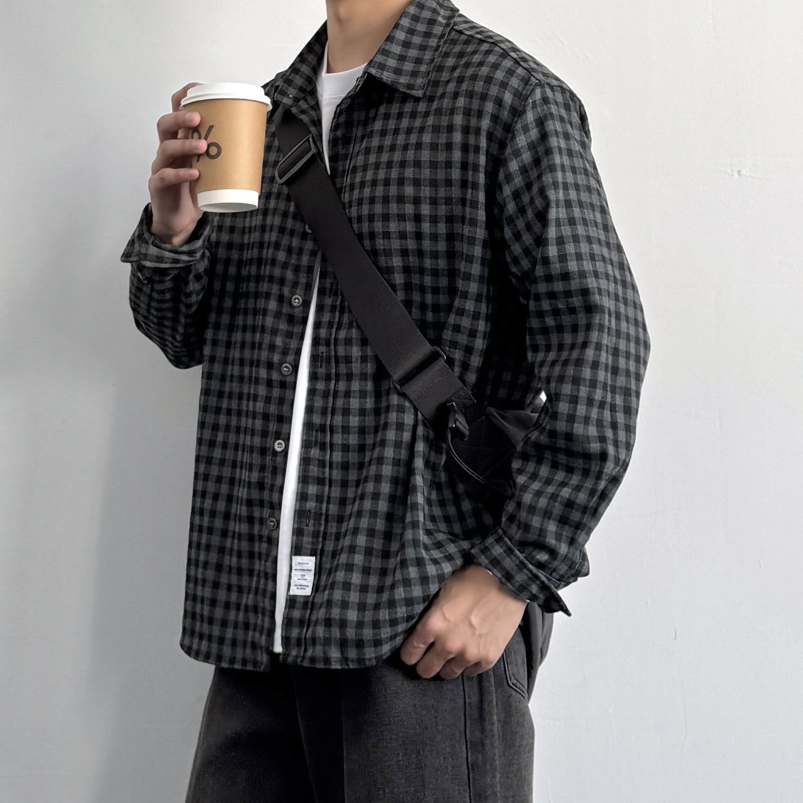 美式复古磨毛格纹翻领衬衫长袖