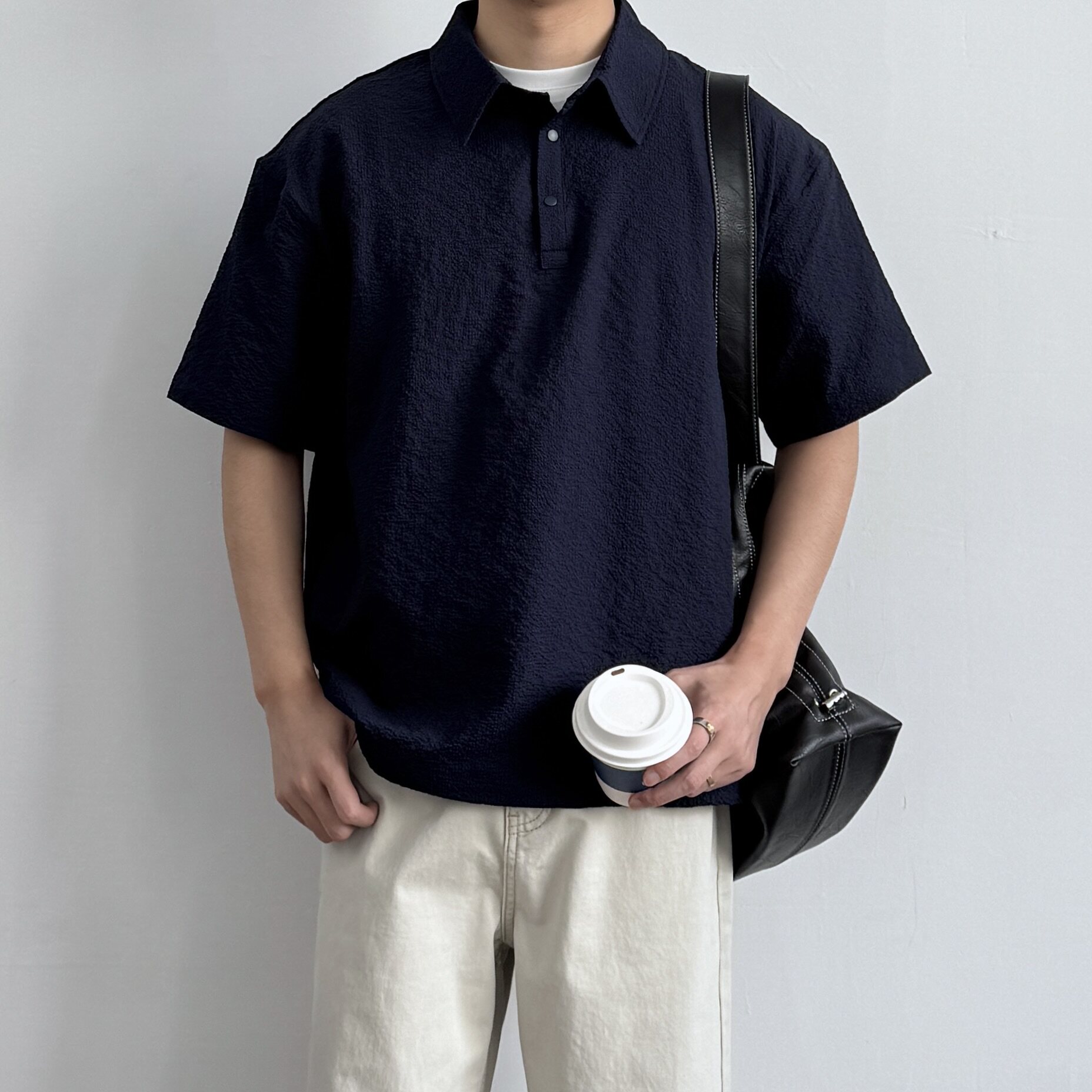 ONUN复古简约纯色泡泡纱短袖POLO衫夏季百搭男生宽松休闲半袖衬衣