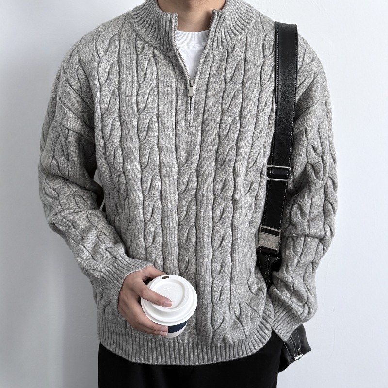 ONUN复古纯色半拉链绞花毛衣秋冬新款加厚保暖半高领老钱风针织衫