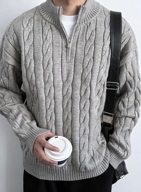 ONUN复古纯色半拉链绞花毛衣秋冬新款加厚保暖半高领老钱风针织衫