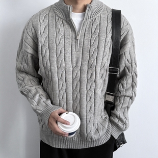 ONUN复古纯色半拉链绞花毛衣秋冬新款加厚保暖半高领老钱风针织衫