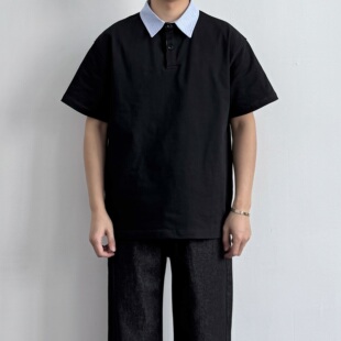 新款 夏季 男生百搭宽松格子翻领纯棉T恤 撞色假两件Polo领短袖 ONUN