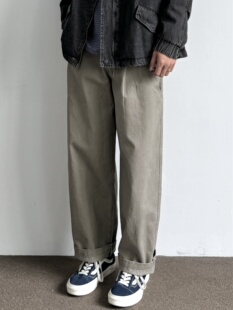 潮 水洗棉质双褶半松紧腰休闲百搭长裤 ONUN日系复古宽松工装 直筒裤
