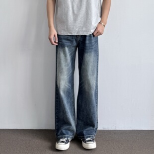 ONUN复古水洗做旧深蓝色直筒牛仔裤 百搭阔腿宽松cleanfit休闲长裤