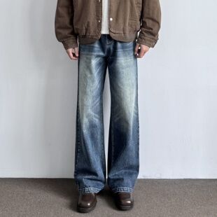 百搭阔腿宽松休闲长裤 ONUN美式 复古水洗猫须做旧深蓝色直筒牛仔裤