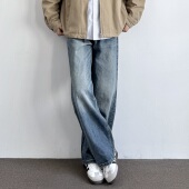 百搭阔腿宽松休闲长裤 ONUN美式 复古水洗猫须做旧深蓝色直筒牛仔裤