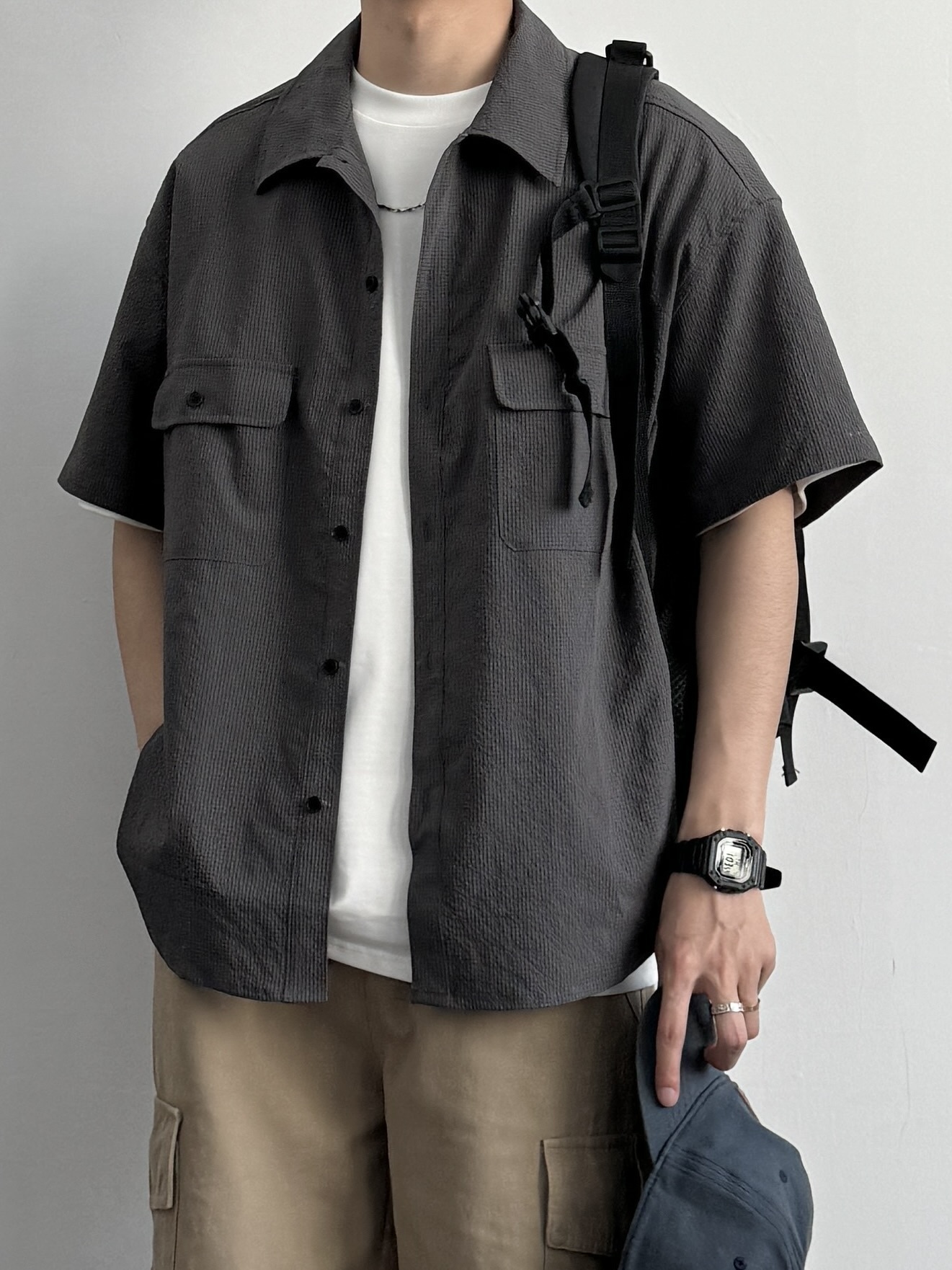 索罗娜泡泡纱工装短袖衬衫
