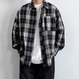 男女日系宽松纯棉衬衣流行春秋季 衬衫 上衣 复古黑白格子长袖 ONUN