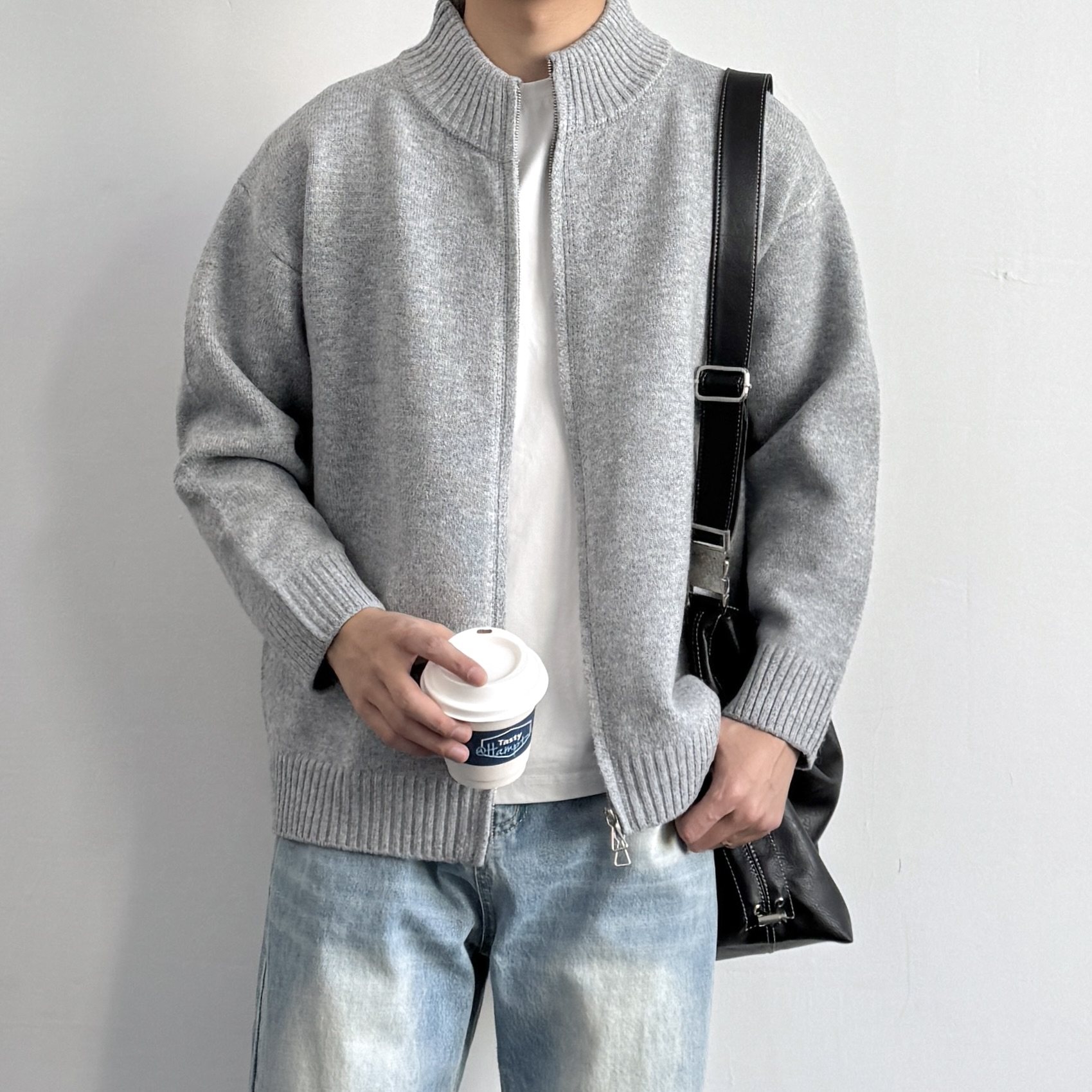 ONUN 复古休闲灰色绵羊毛混纺针织开衫百搭宽松立领拉链毛衣外套,男装,针织衫/毛衣,淘宝优惠券,粉丝福利购,淘宝优惠卷