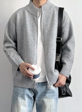 ONUN 复古休闲灰色绵羊毛混纺针织开衫百搭宽松立领拉链毛衣外套