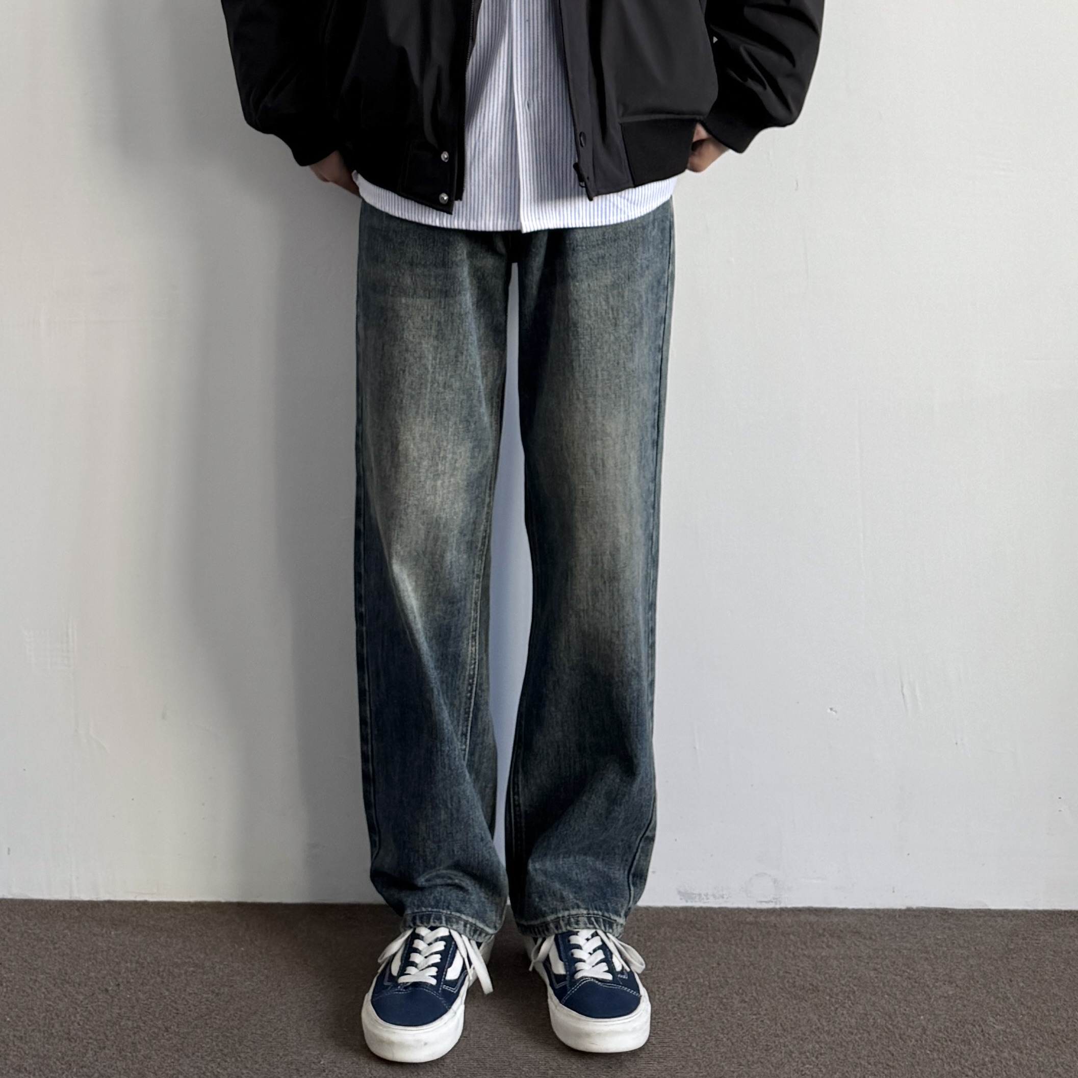 式复古水洗做旧宽松直筒牛仔裤