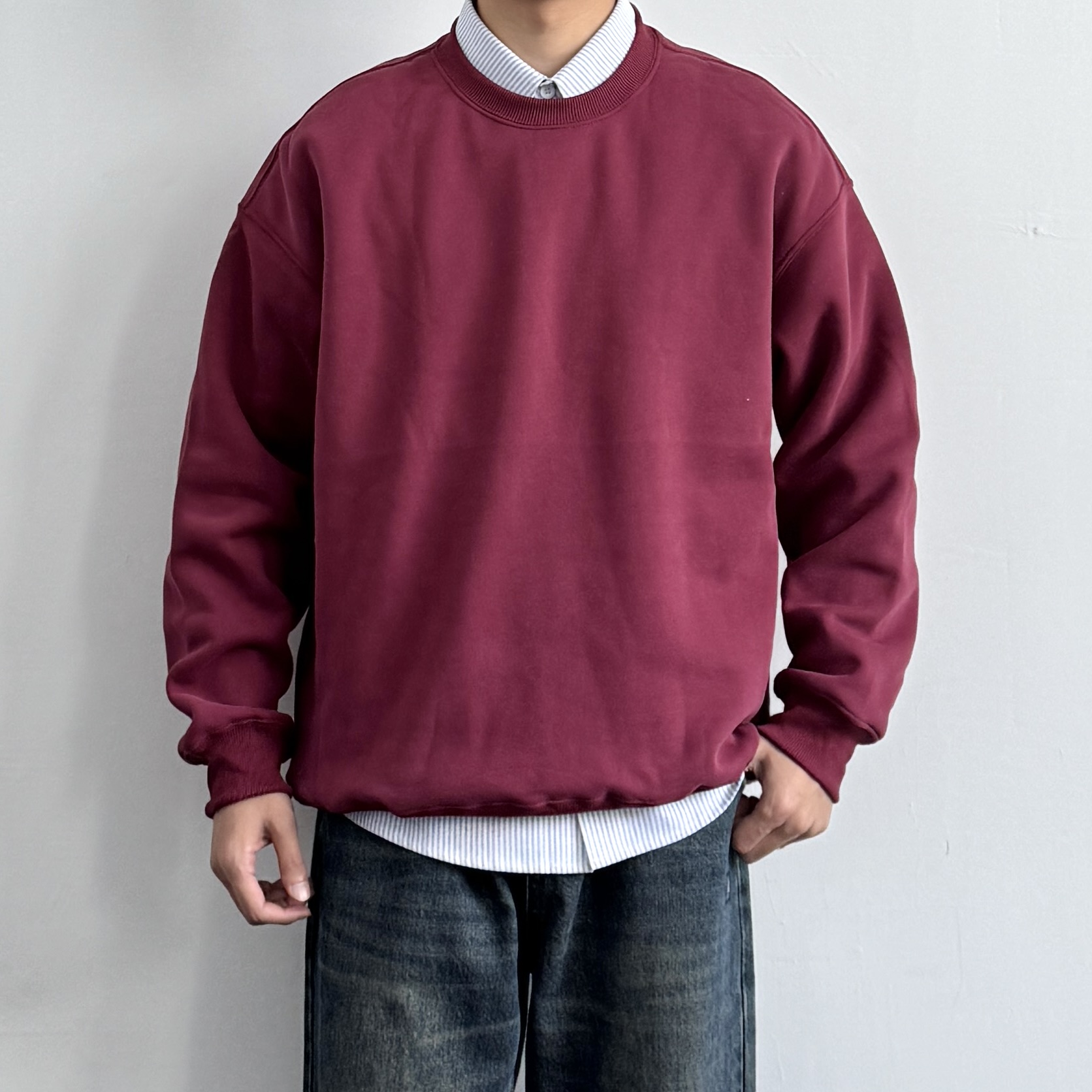 复古酒红加绒卫衣圆领套头