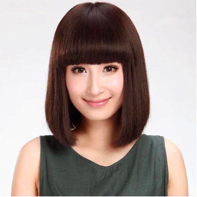假发套女士时尚波波头假发齐刘海短发深棕色女性整顶假发流行甜美