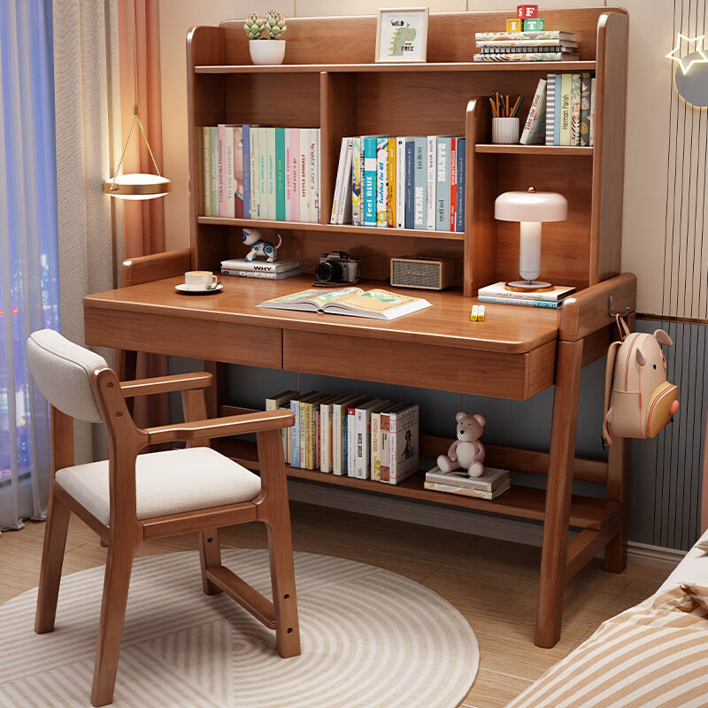实木升降书桌书架一体式儿童学习桌卧室简约家用小初中学生写字桌