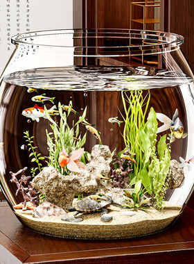 明玻璃小鱼厅面圆公你鱼加厚透彷缸乌缸客家用桌形办室迷小金缸