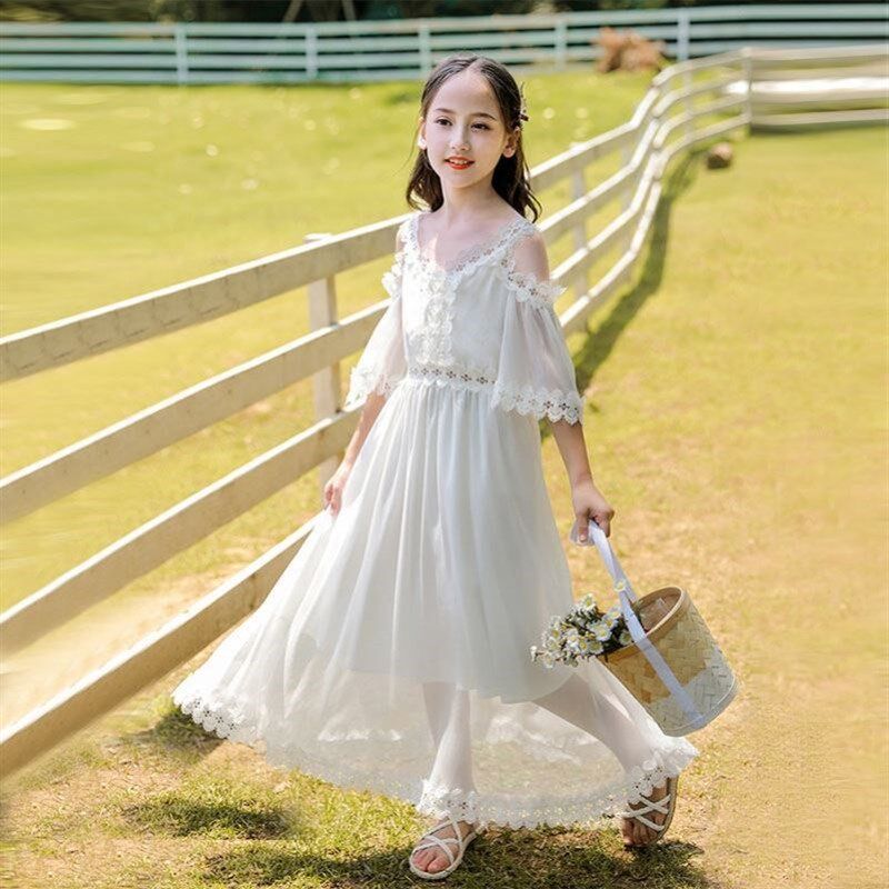 女童长裙超仙f过膝2021夏季新款大童夏装露肩吊带儿童连衣裙沙滩