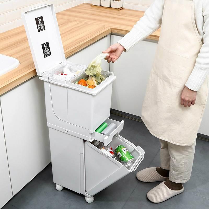 厨房双层分类垃圾桶大容量按压式带滑轮垃圾箱带盖干湿分离垃圾筒