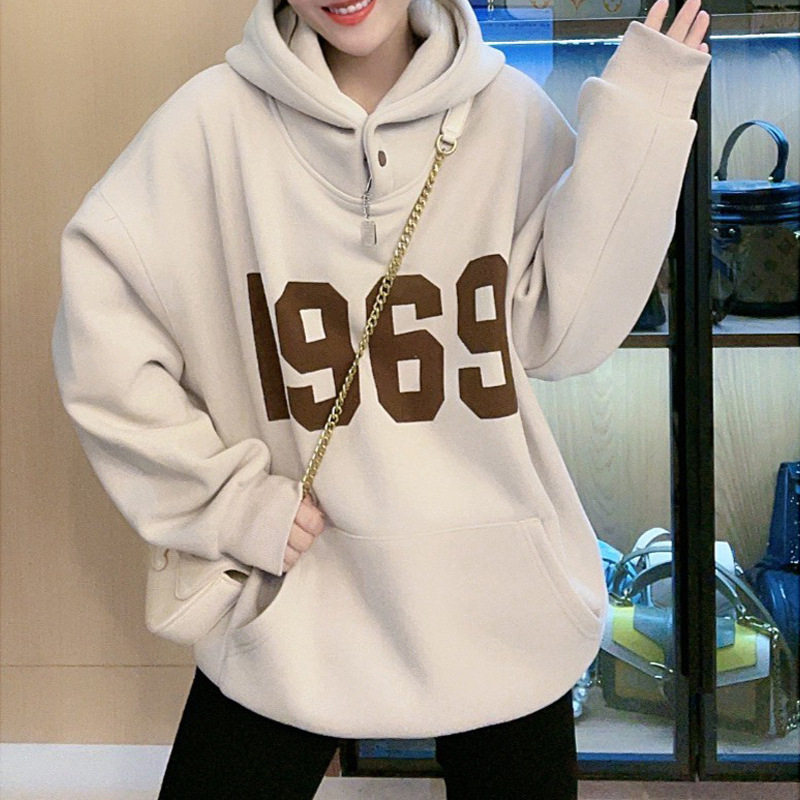 2022秋装新款贴标数字印花加绒加美式连帽卫衣女宽松外套上衣潮