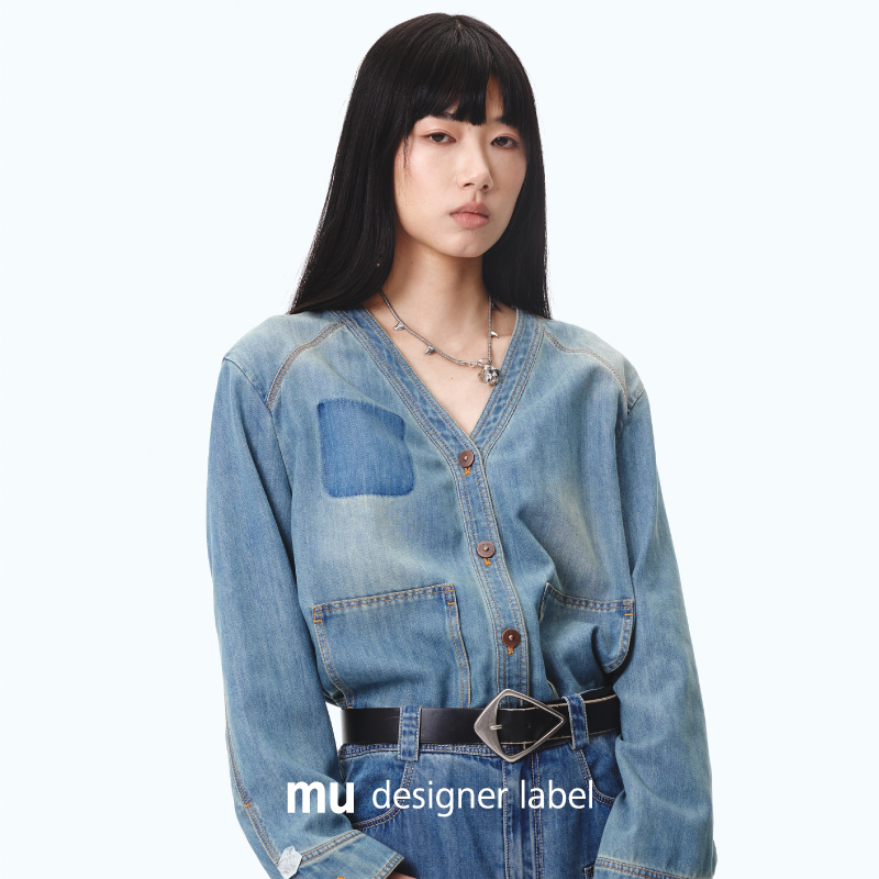 mu designer label夏新复古丹宁水洗做旧V领长袖牛仔夹克JATX1627