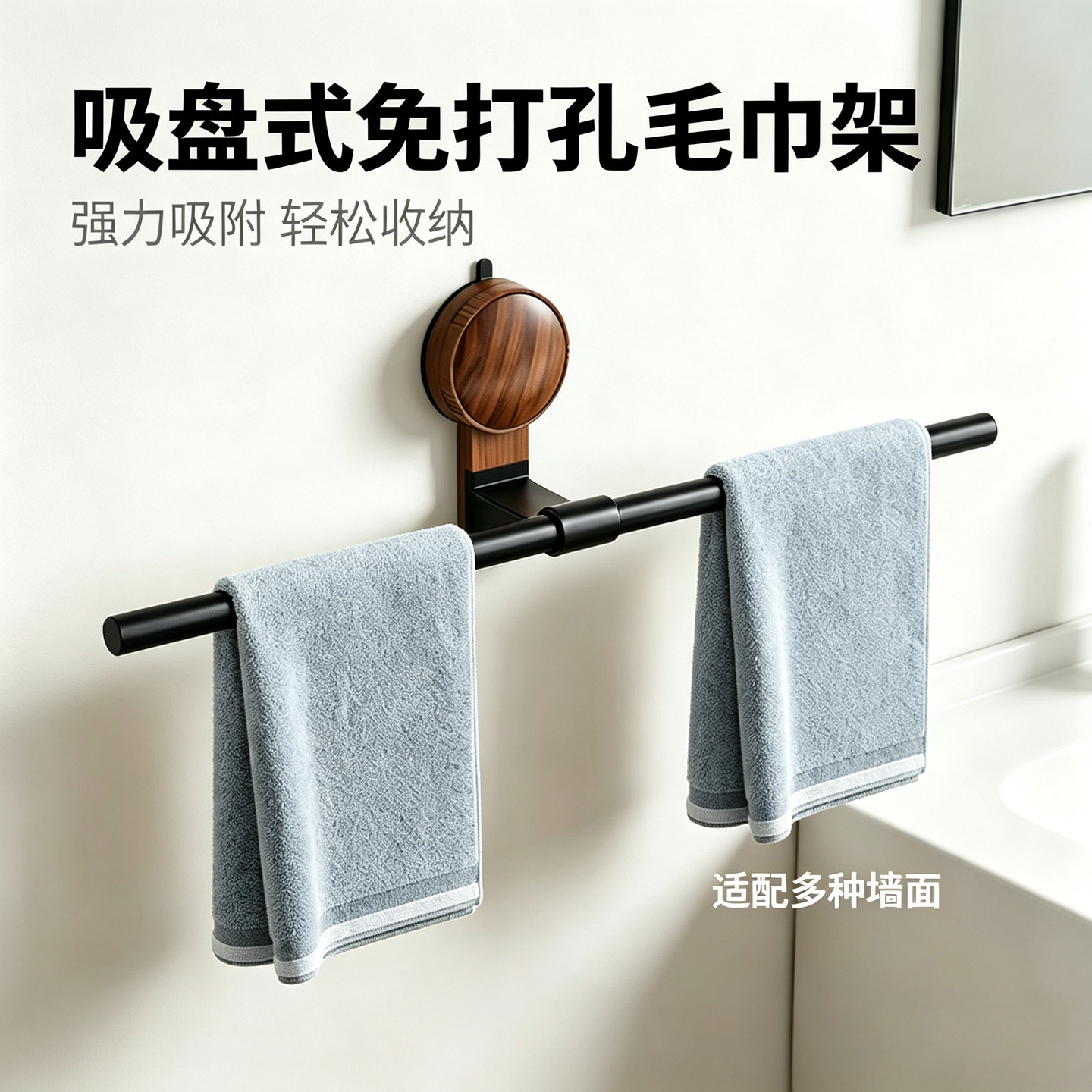 免打孔吸盘式毛巾架浴室卫生间壁挂式强力吸附洗手台毛巾杆置物架