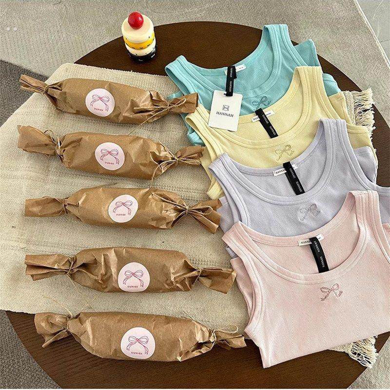 韩系糖果色蝴蝶结刺绣小背心内搭女夏I季新款紧身宽肩带吊带外穿