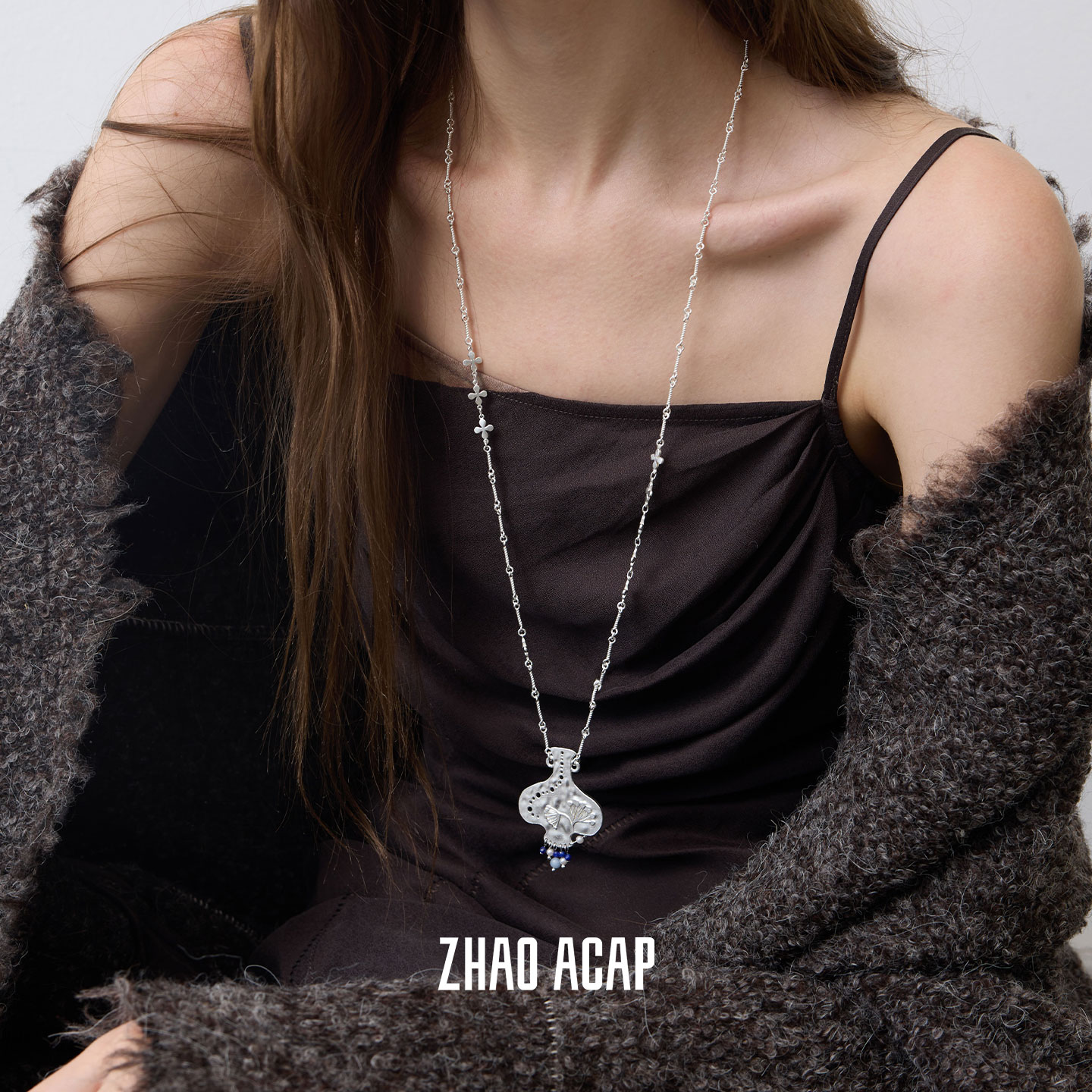 ZHAO ACAP原创设计野百合/莳萝双面浮雕花瓶扭珠拼接链条长项链