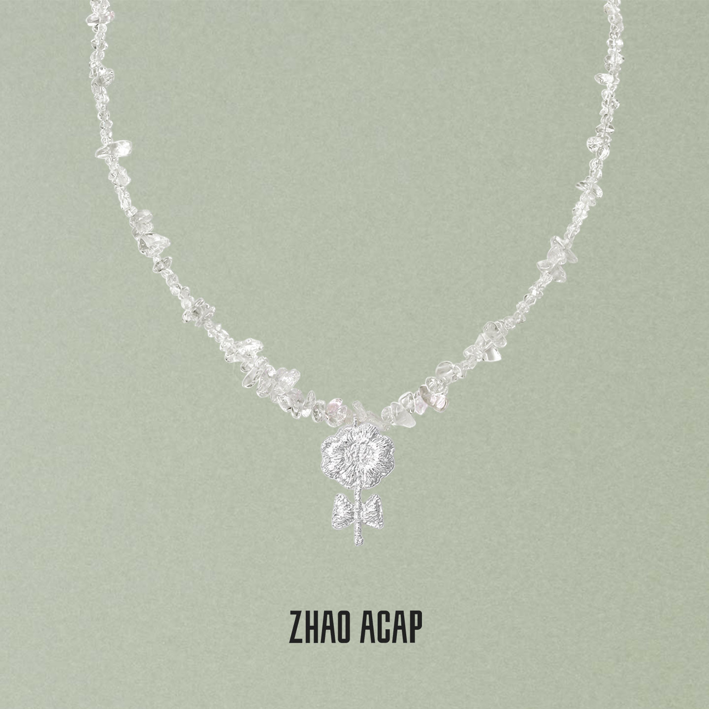 ZHAO ACAP原创设计闪灵钻拼接白水晶刺绣花花项链
