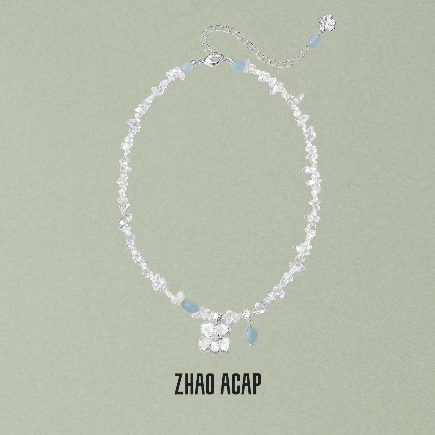 ZHAO ACAP原创设计白水晶海蓝宝双花花串珠锁骨链