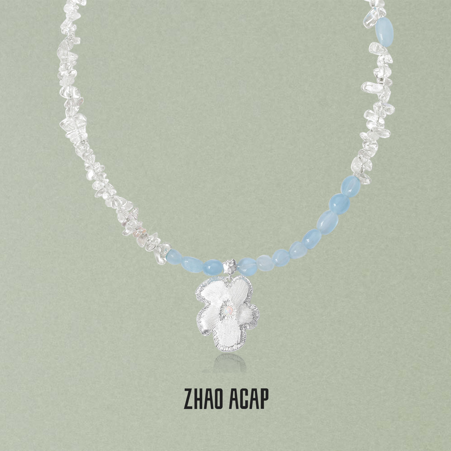 ZHAO ACAP原创设计白水晶拼接海蓝宝长花花锁骨链