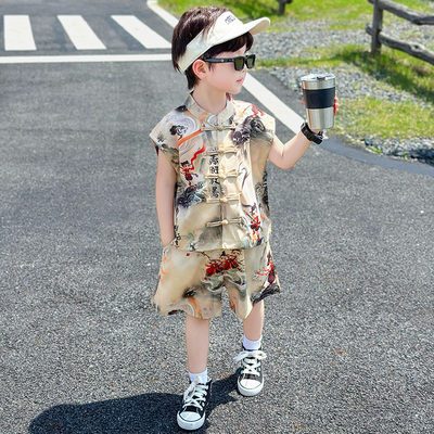 哪吒衣服男童无袖夏季汉服2025新款男宝宝周岁礼服新中式国风唐装