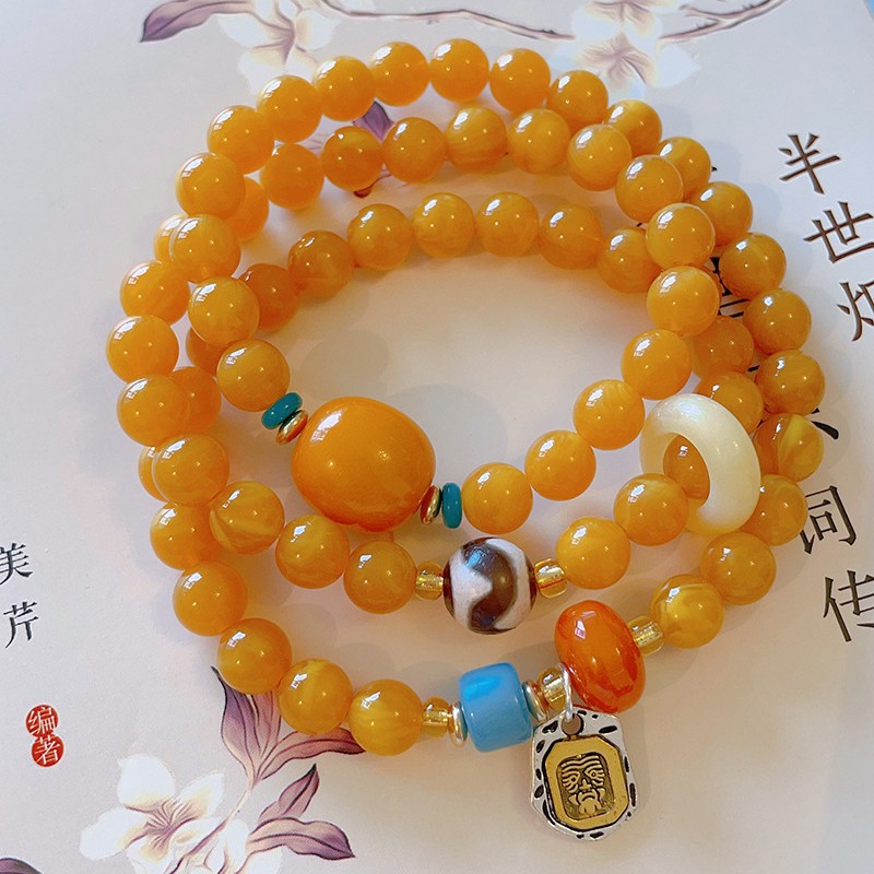 三圈仿蜜蜡手链扎基拉姆吊坠民族