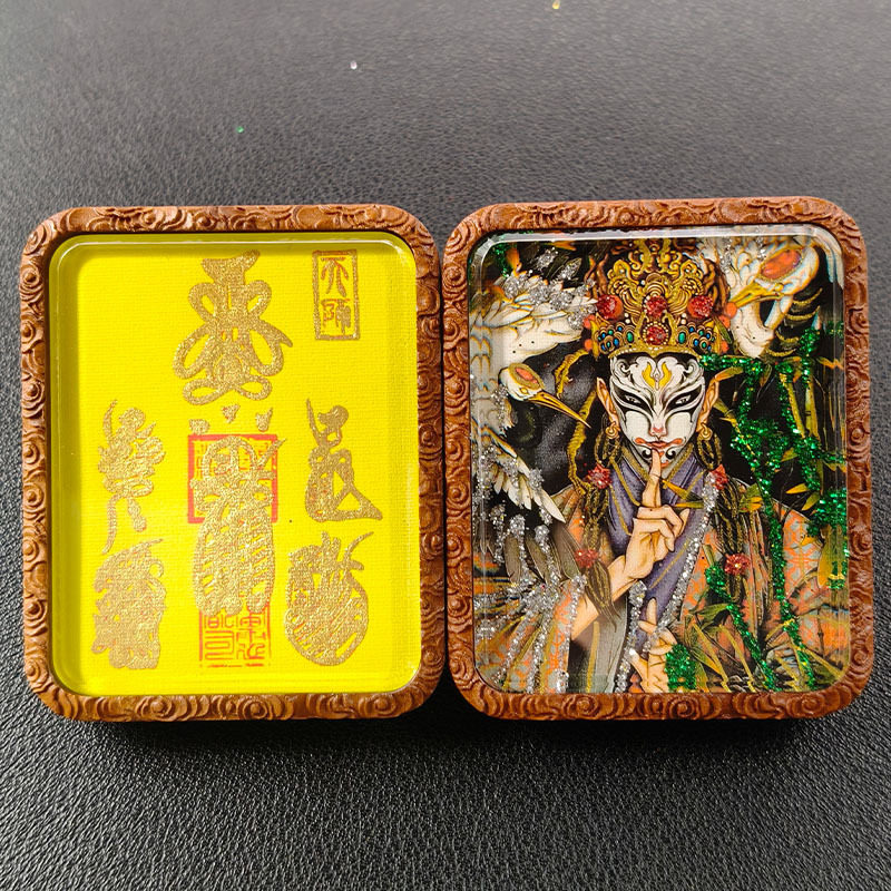 龙虎山正一国风枣木唐卡彩金画芯挂件赵公明五雷双面白鹤童子吊坠