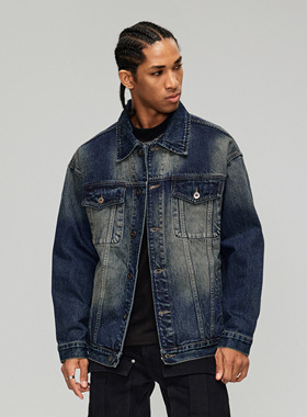 GTRG复古做旧对称翻盖口袋极简夹克牛仔风双插扣经典百搭牛仔外套