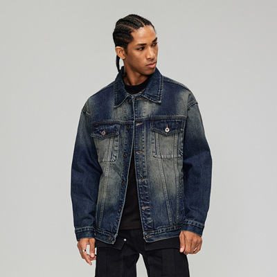 GTRG复古做旧对称翻盖口袋极简夹克牛仔风双插扣经典百搭牛仔外套