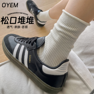 潮 棉底中筒袜卷边松口长袜夏天外穿韩版 白色堆堆袜子女春夏季 薄款