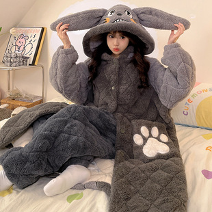 直播爆款 家居服套装 睡衣女大码 秋冬加绒加厚三层夹棉睡袍女长款