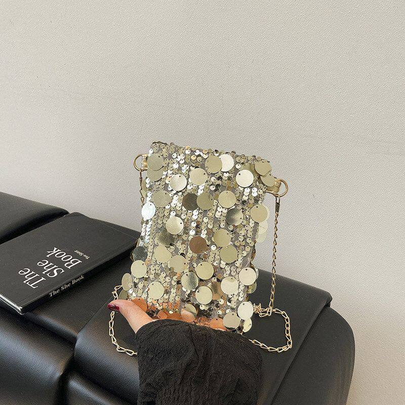2025夏季时尚流行亮片手机小方包女小众洋气单肩包迷你链条斜挎包