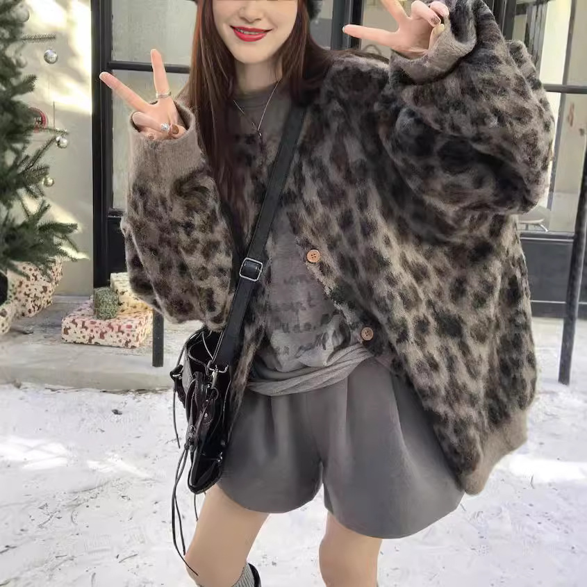 美式复古风宽松豹纹提花毛衣外套女2024秋冬加厚时尚休闲针织开衫