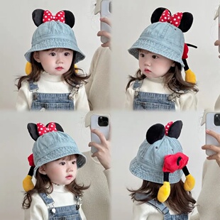 宝宝渔夫帽春秋季可爱耳朵蝴蝶结女童遮阳牛仔帽秋冬婴儿防风盆帽